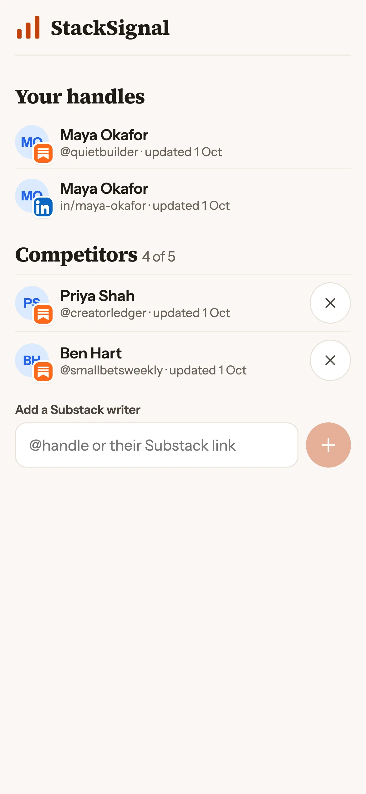 Adding your handles and competitors on iPhone
