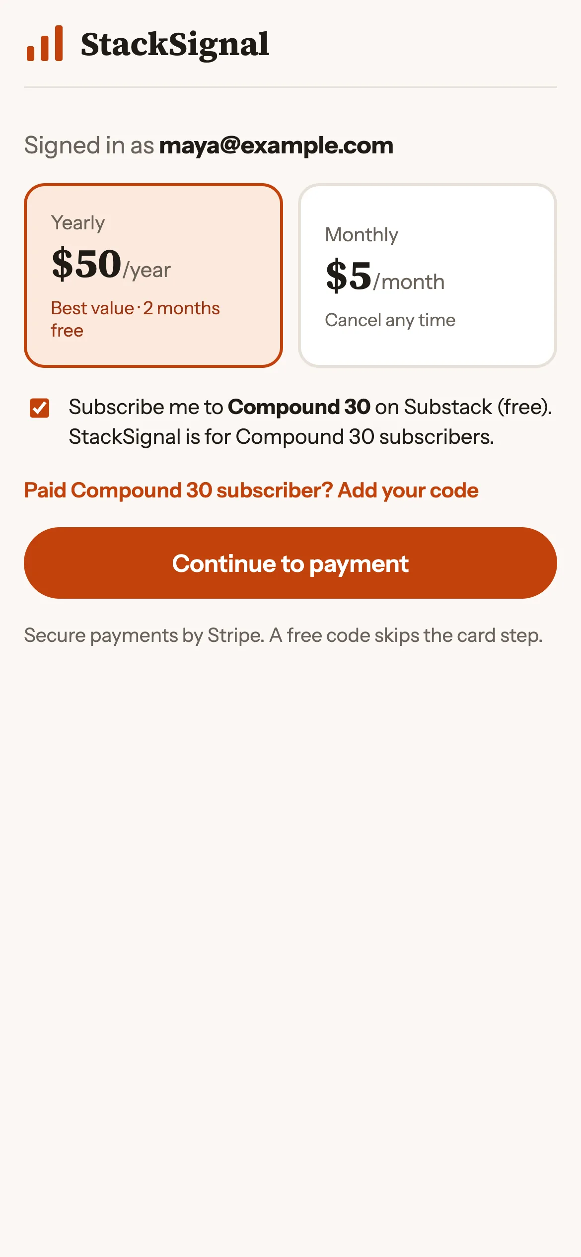 Choosing a plan, with the discount code option, on iPhone