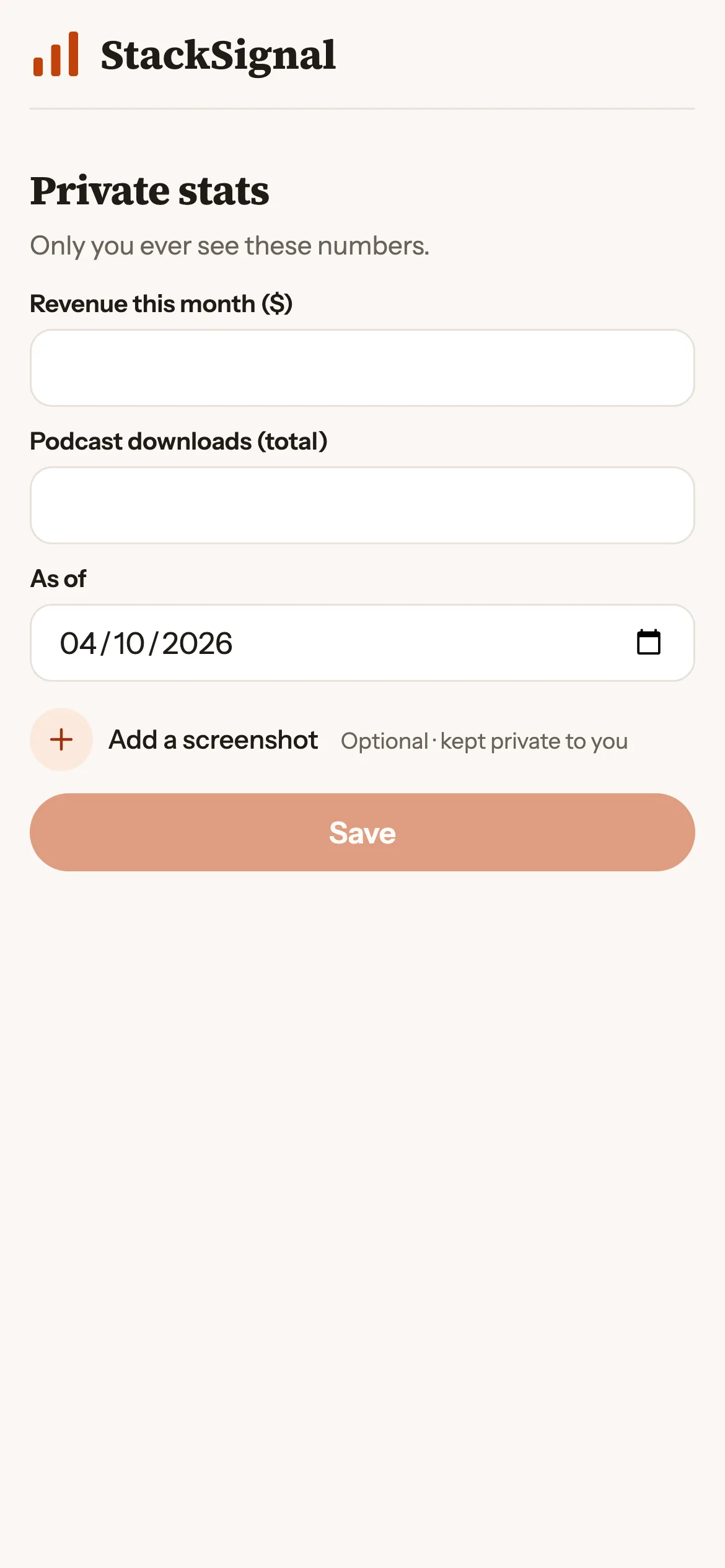 The private stats form in StackSignal on iPhone